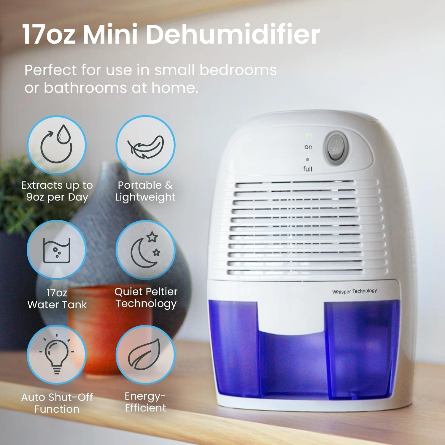 2026 New Upgrade Electric Mini Dehumidifier For Home (215 Sq.ft) 17oz Capacity, Energy Efficient, No Noise, Compact