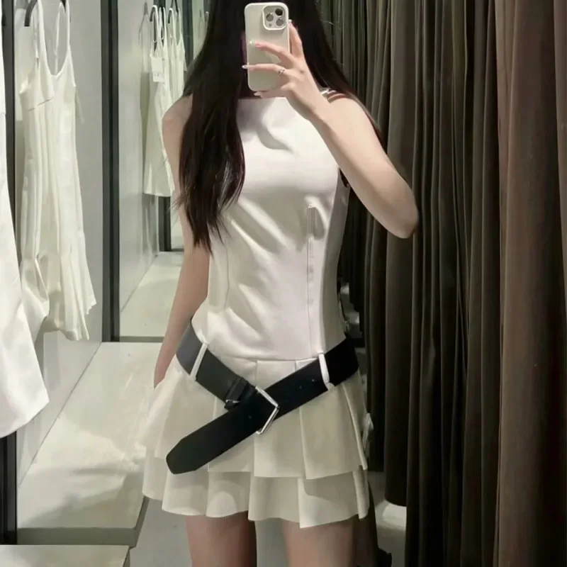 2024 Belt Bodycon Mini Dress Woman Sleeveless Short Dresses For Women Pleated Casual Summer Dresses Elegant Party Dress