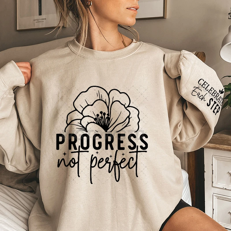 Progress Not Perfect Motivational Sweatshirt for Women Crew Neck Pullovers Casual Long Sleeves Inspirational Quote Sweatshirts