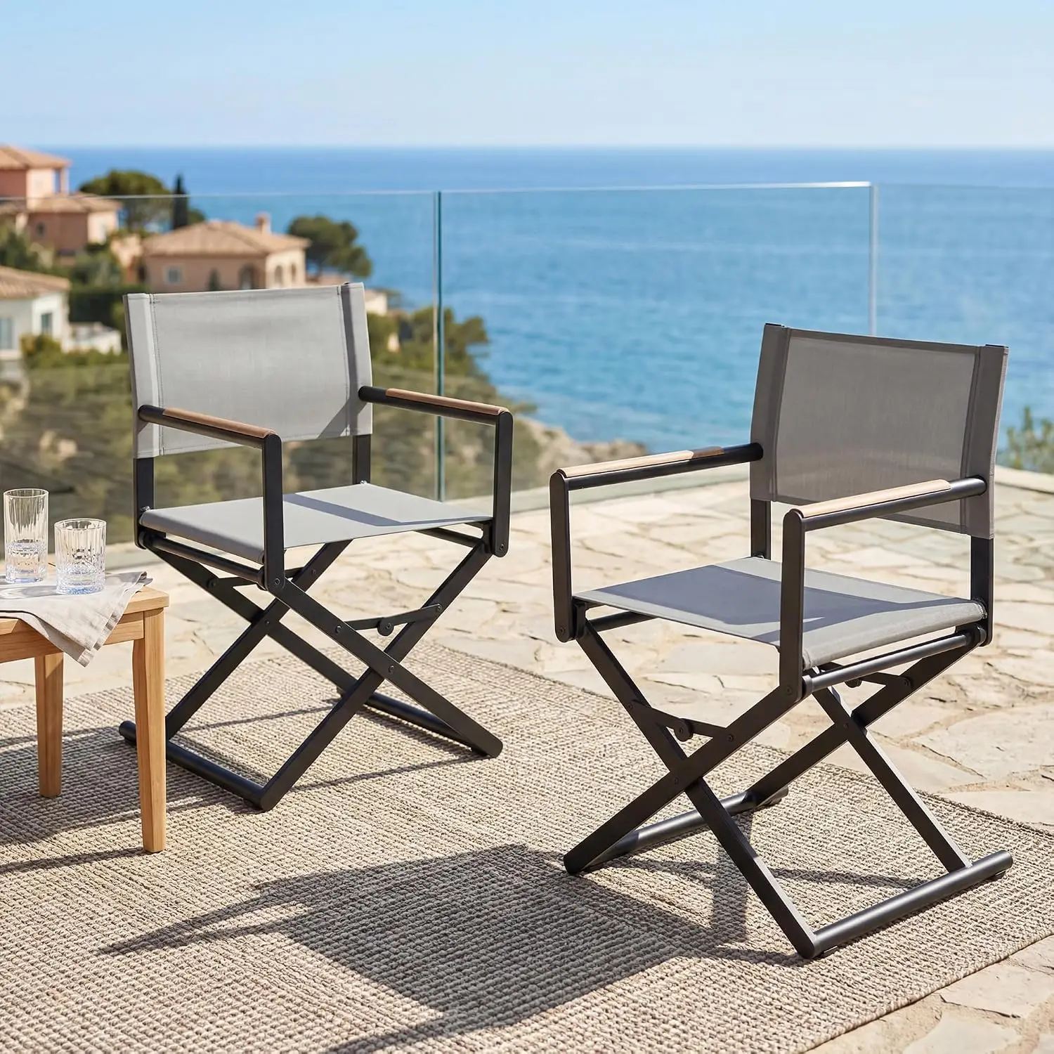 Extra Wide Folding Directors Chairs, Portable Heavy Duty Camping Seating, Outdoor Dining Lawn Furniture, Comfortable Foldable Armchairs, Classic Modern Style, Black, Set Of 2
