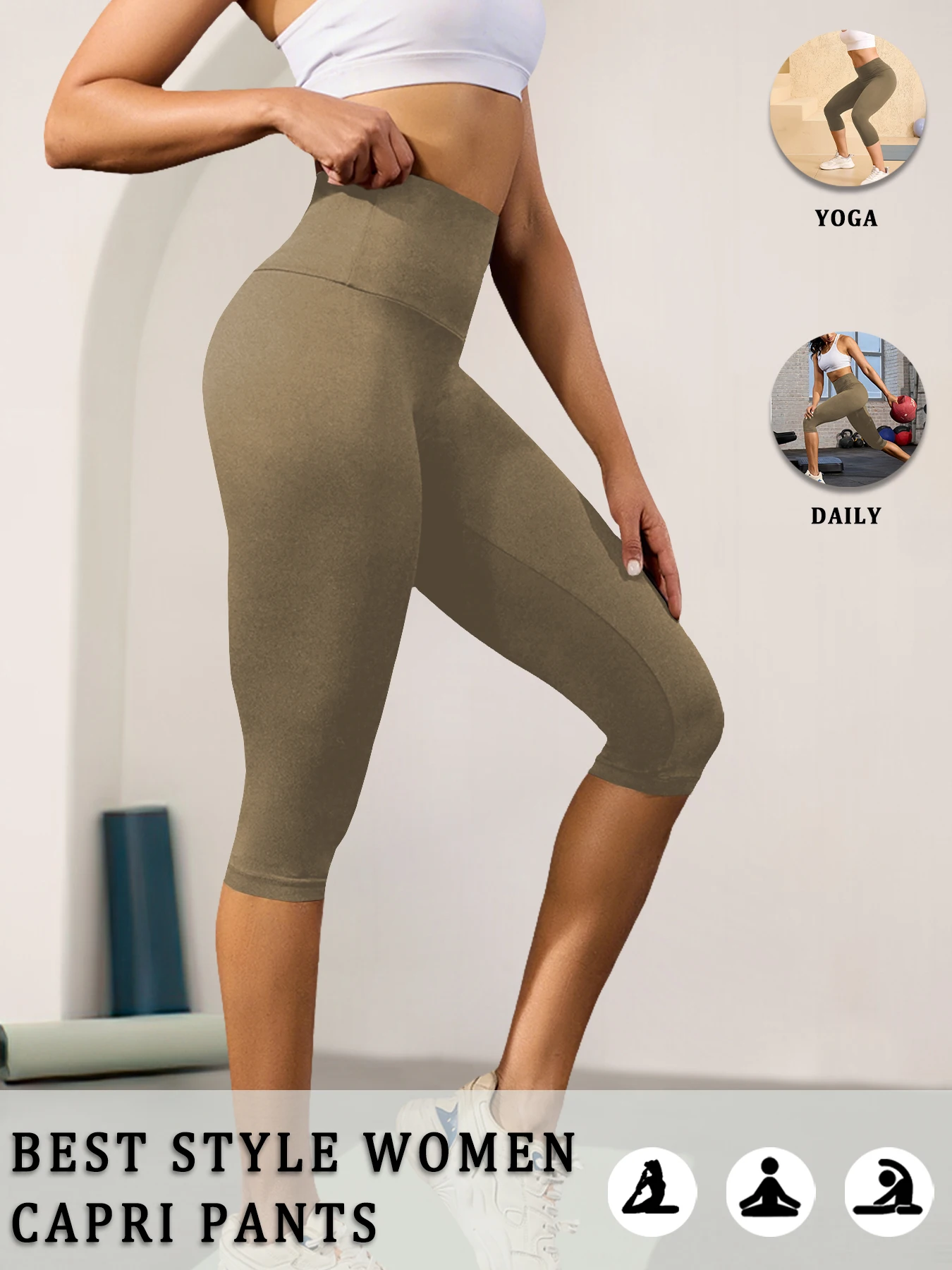 Damen High-Waist Caprihose, superweich, nicht durchsichtig, Bauchkontrolle, Yoga, Lauf-, Workout-, Freizeit-Leggings für Zuhause – Detail 9