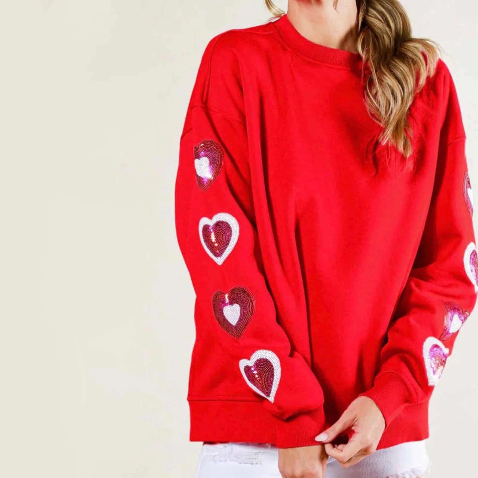 

Valentine's Day Women’s Cute Sweatshirts Glitter Heart Long Sleeve Round Neck Pullovers Oversized Tops