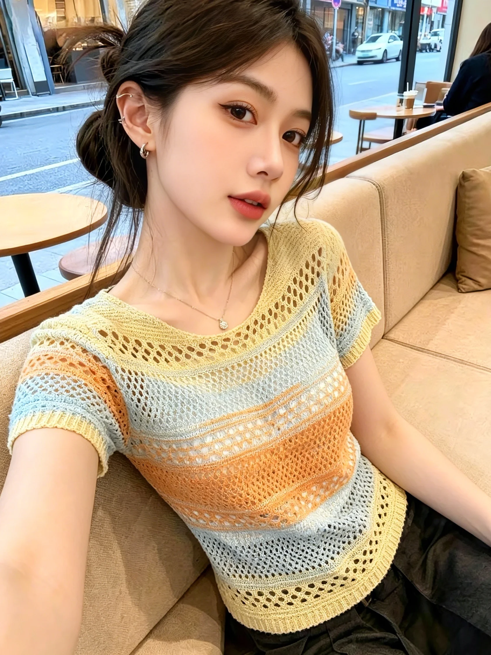 

Dopamine Hollow out Short Sleeve Knitted Top Women's Summer New Lazy Style Slimming Thin Model Straight Tube Silk Blouse