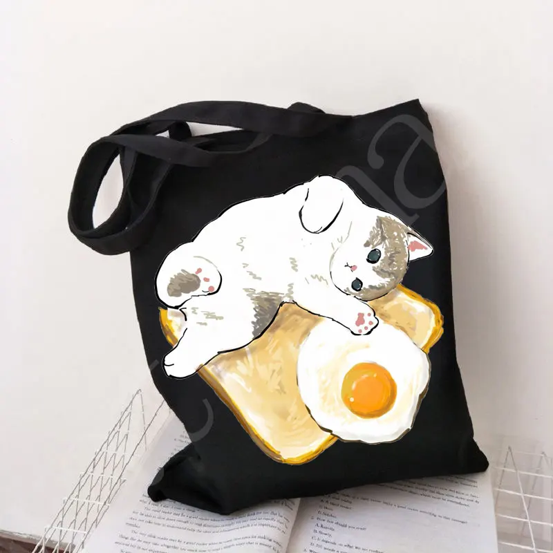 ผู้หญิง Logo กลับพิมพ์ผ้า Cat Shopper กระเป๋าถุงผ้าที่กำหนดเอง Designer กระเป๋าถือ Shoping กระเป๋ากระเป๋าสะพายผ้าใบสตรี