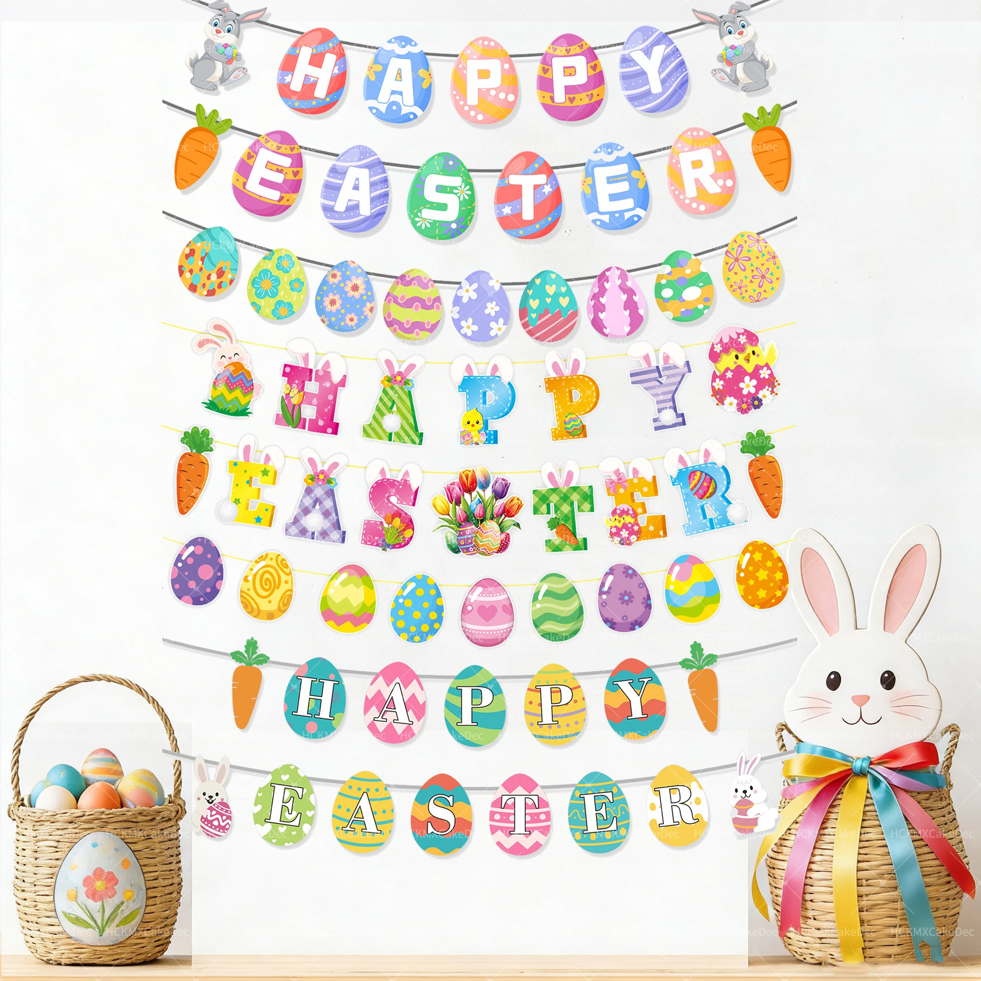 Oster-Banner-Set mit Hasen-, Ei- und Karotten-Design Papiergirlande für Oster-Party und Heimdekoration