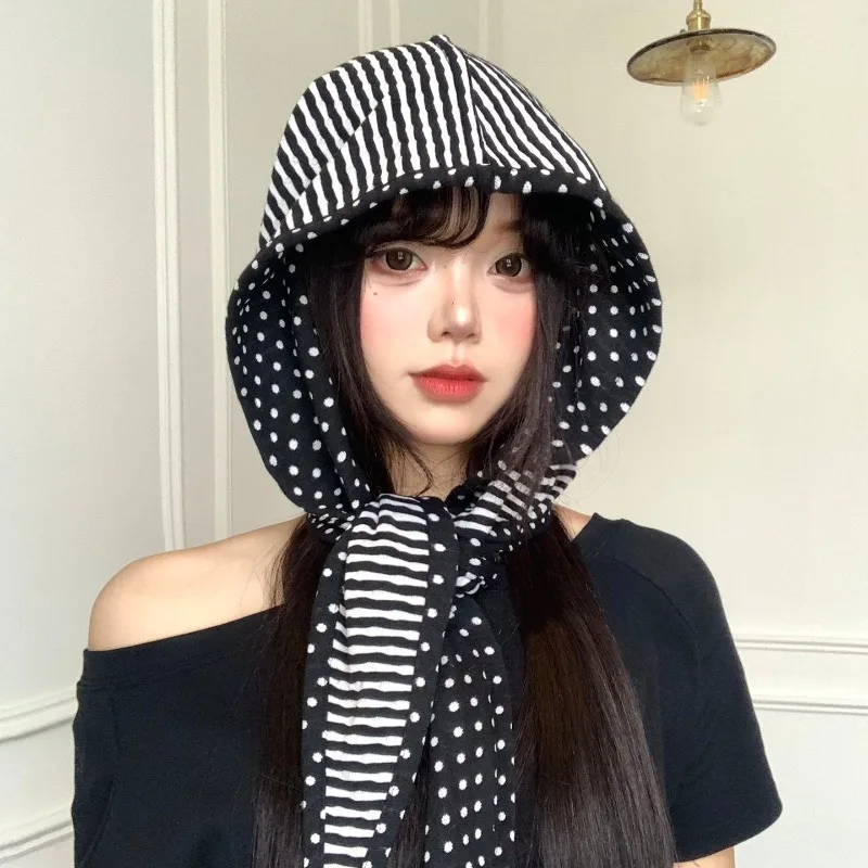 Korean Ins Double-sided Polka Dot Striped Pullover Caps Summer and Autumn Niche Fashion Breathable Balaclava Hats for Women