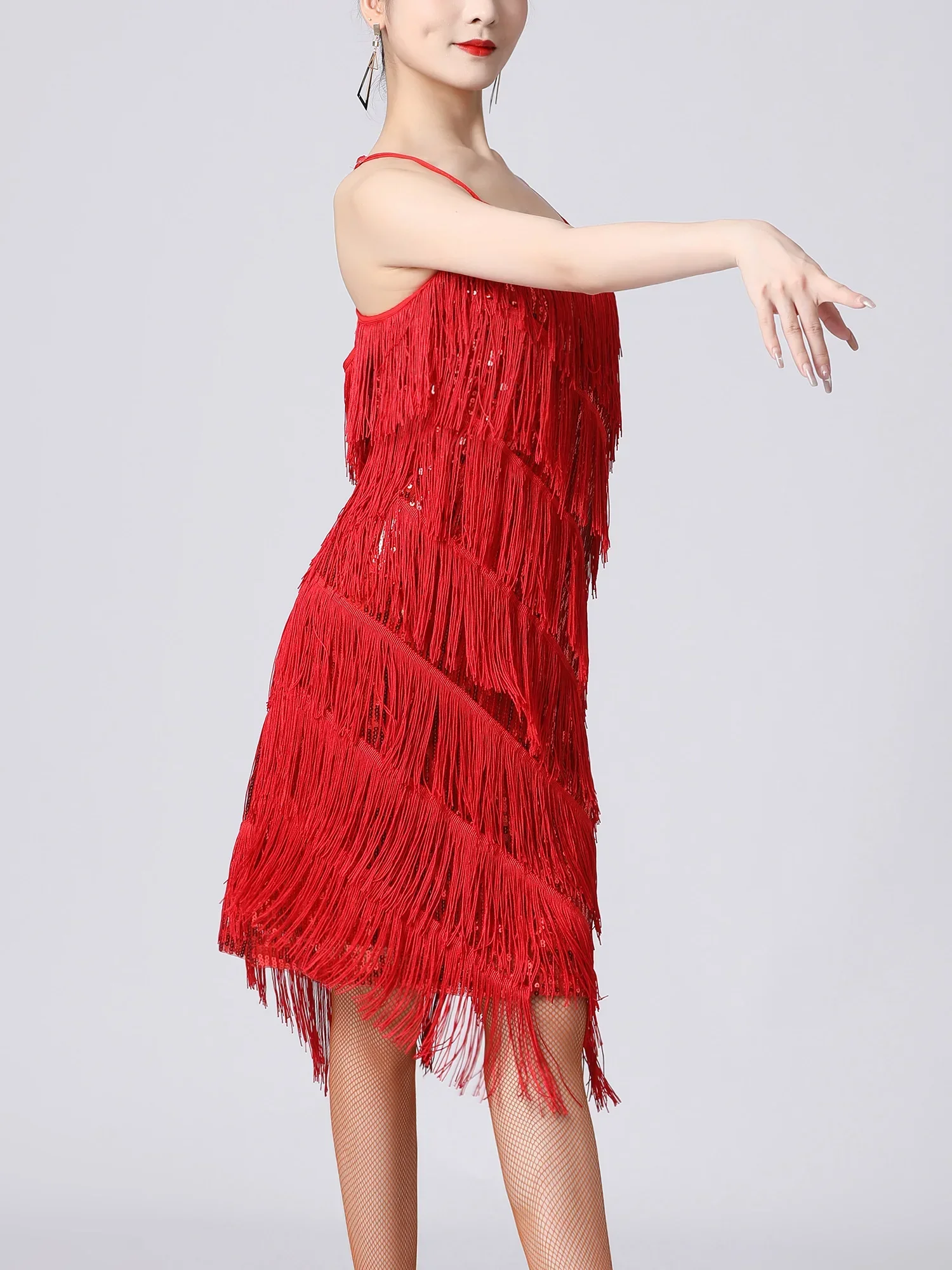 Latin Dance Dress Women Ballroom Dance Costume Sequins Fringed Tango Rumba Flamenco Samba Cha-cha Black Red Blue Tassel Dress