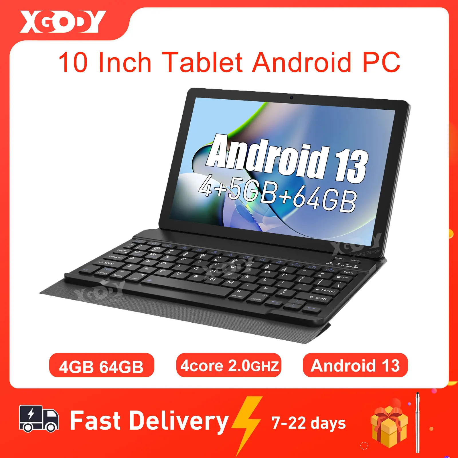 

XGODY WiFi Tablet Android Pc 10.1 Inch Tablets with Bluetooth Keyboard Kids Gift 4GB RAM 64GB ROM wifi6 Quad-core 7000mAh IPS