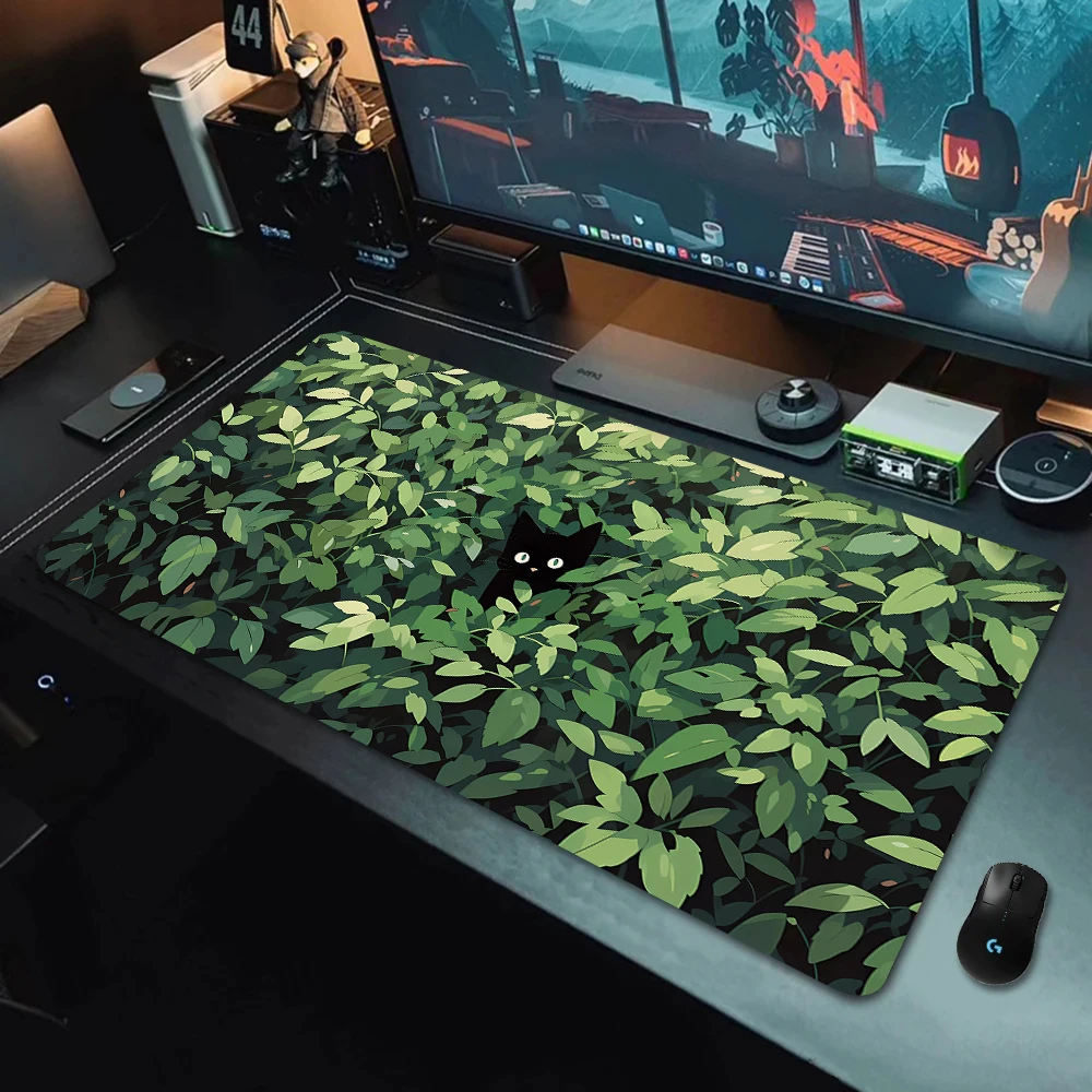 

Kawaii Черный кот Коврик для мыши Эстетический растительный настольный коврик Основание из натурального каучука Игровые коврики Аксессуары для ПК Милый зеленый коврик maus коврик