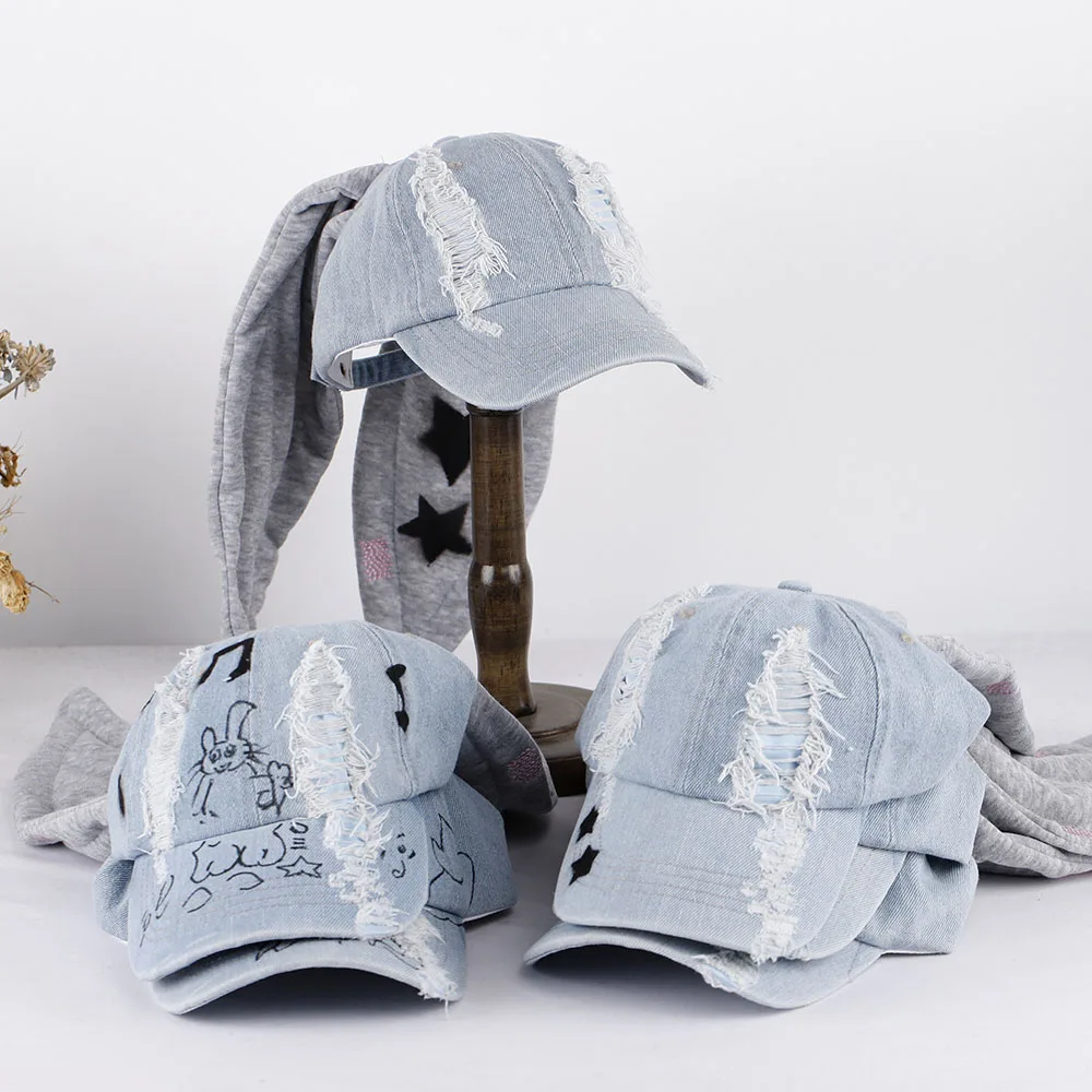 2026 New Long Rabbit Ear Hat Y2K Style Denim Blue Baseball Cap Fashion Hip-Pop Cap Couple Birthday Gifts