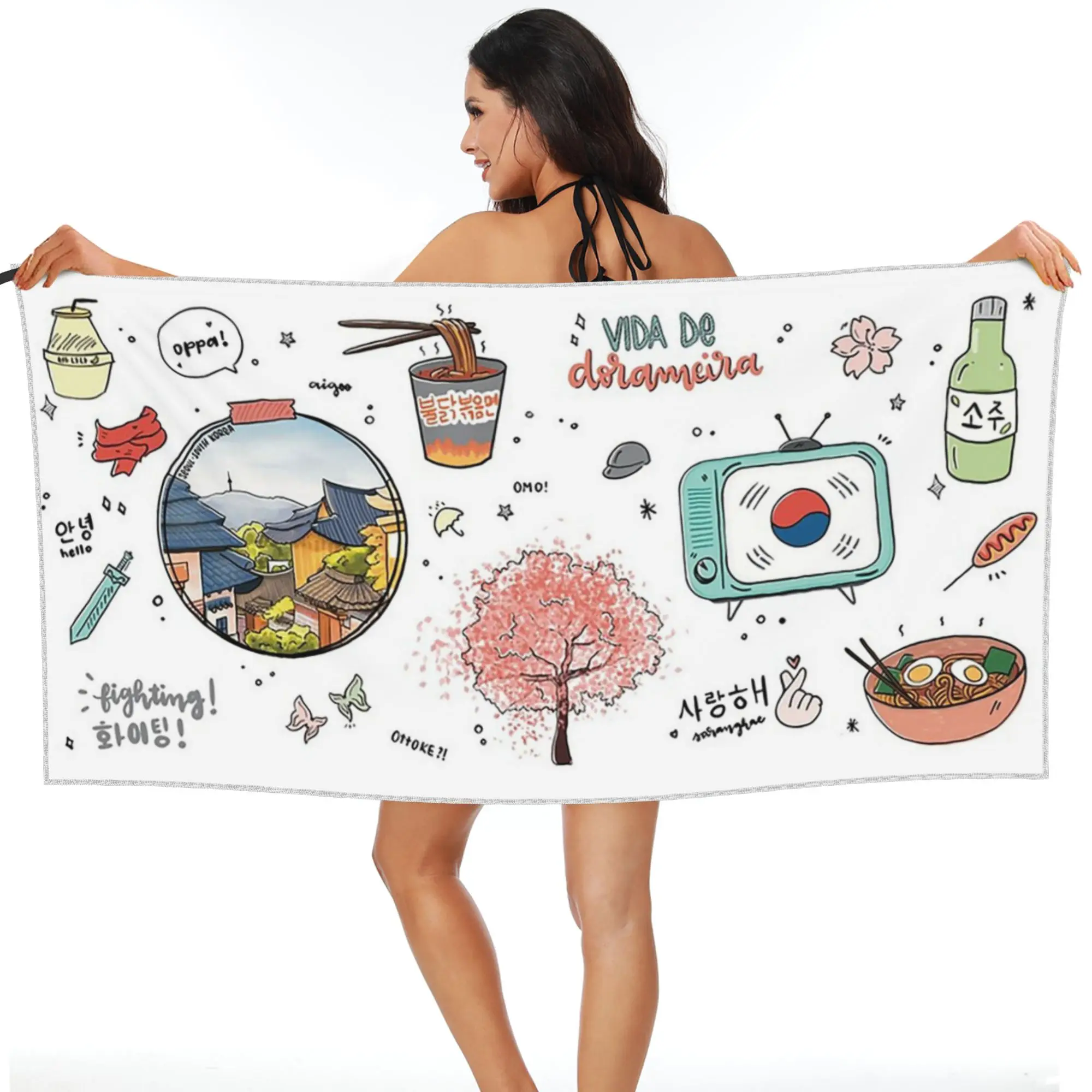 Toalla de playa de secado rápido y absorbente con diseño de flor de cerezo coreana, ideal para nadar, inspirada en dramas coreanos (K-drama) y soju.