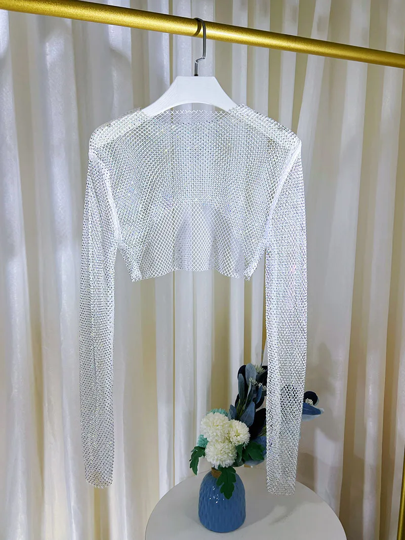 Women Rhinestone Crystal Crop Tops Net Sheer Shiny Glitter Blouse T Shirt Shawls Shrug See Through Fishnet Cover Up Clubwear