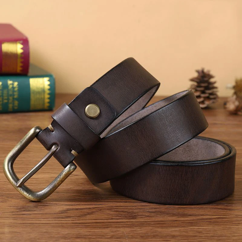 RacosLee Real belt men's pure cowhide handmade needle buttoned head layer leather Korean version trendy men's denim belt