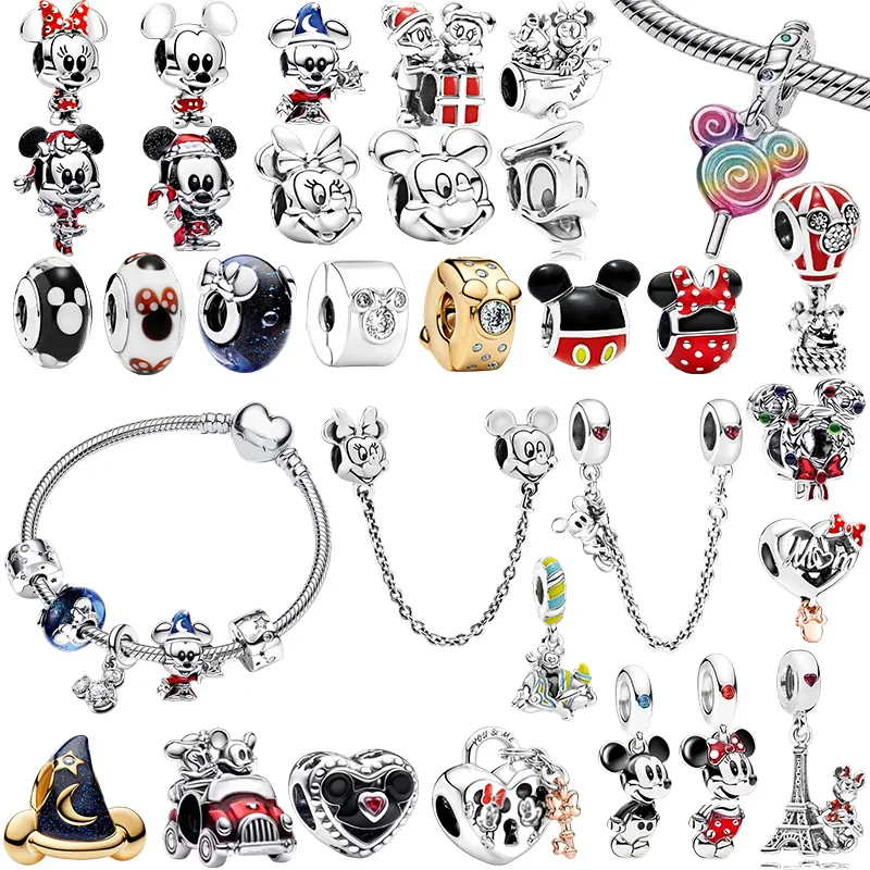 

Disney Mickey Mouse Minnie Mouse Charm Beads Pendant Fit Original Snake Silver Bracelet Necklace Bead For Diy Jewelry Women Gift