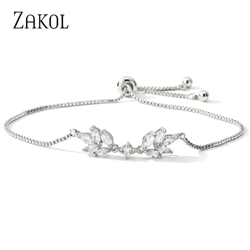 ZAKOL Simple Leaf Cubic Zirconia Adjustable Bracelets for Women Fashion Party Jewelry