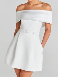 Women Belt Patchwork Short Sleeve Mini Dress, Spring Summer Fashion Slash Neck Party Dress, Solid Off The Shoulder Ladies Dress