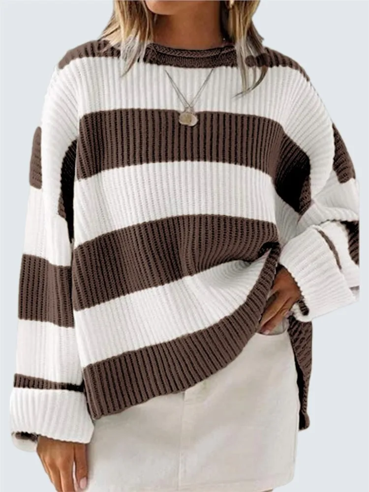 Fashion Bell Sleeve Loose Knitted Sweaters Y2k Preppy Style Casual O Neck Long Sleeve Striped Knit Sweater For Women Fall Winter image 5