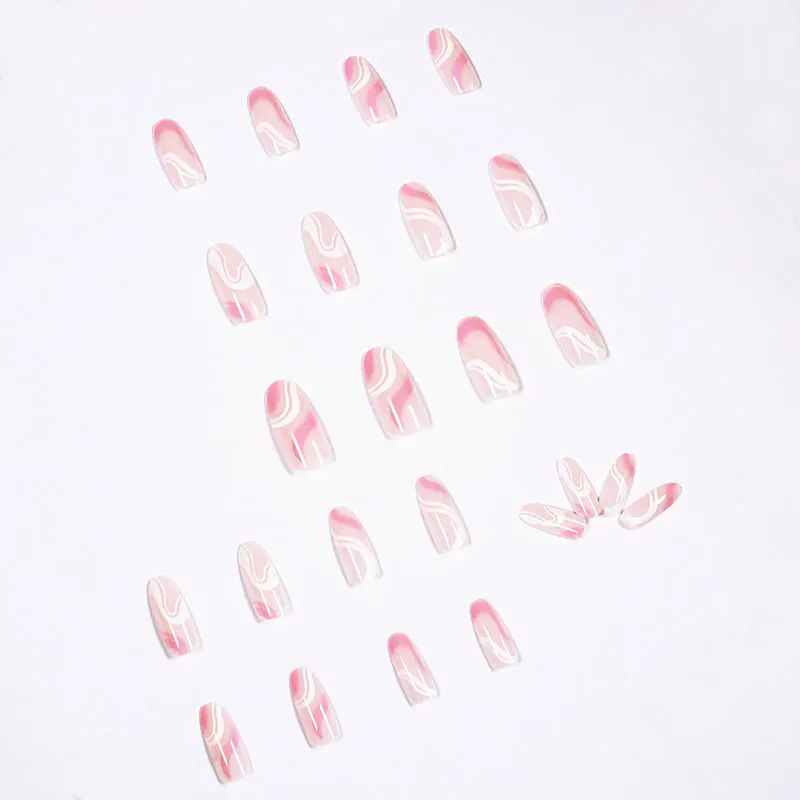 24 Stks/doos Draagbare Popserie Manicure, Eenvoudige Roze En Witte Nepnagels Met Toegevoegde Lijnen Om Schoonheid Te Verbeteren