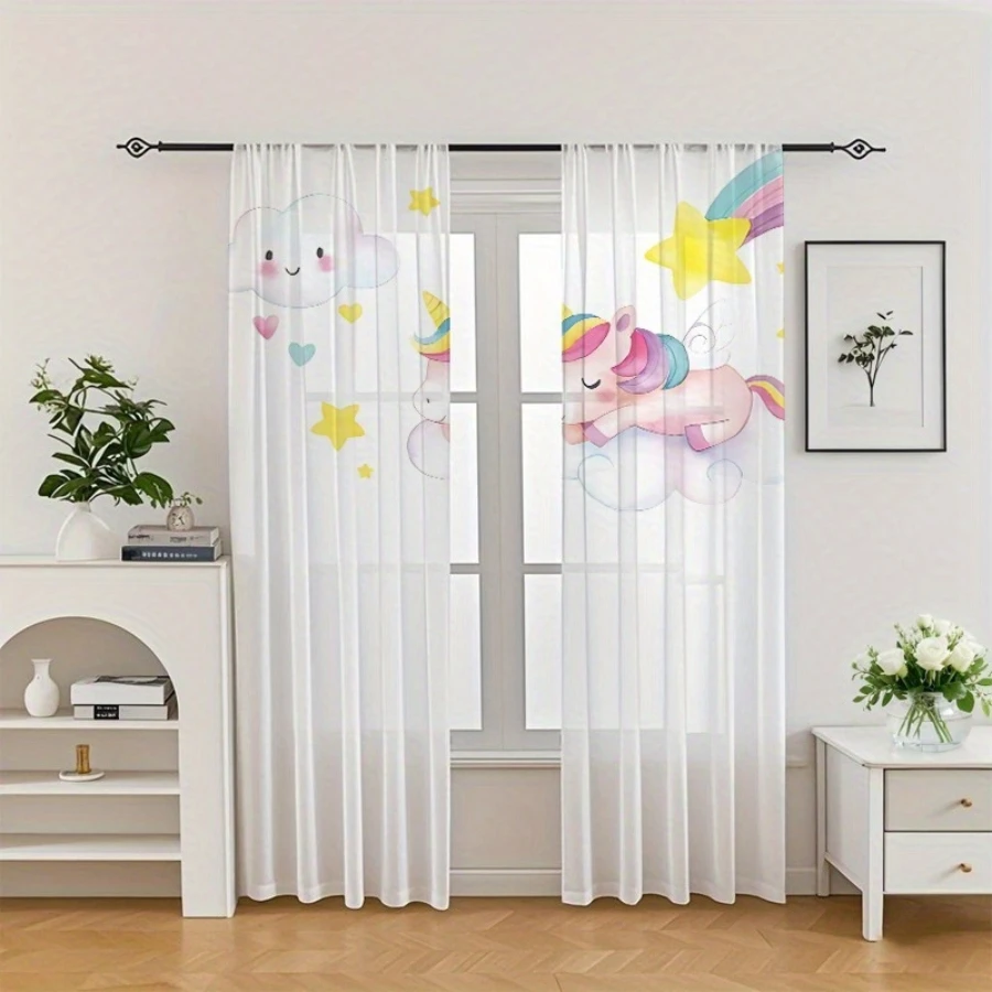 2PCS Digital Print Sheer Curtain, Unicorn Among Clouds Rainbow Pattern, Magical Fantasy Fairy Tale Princess Girls Room Decor view 2