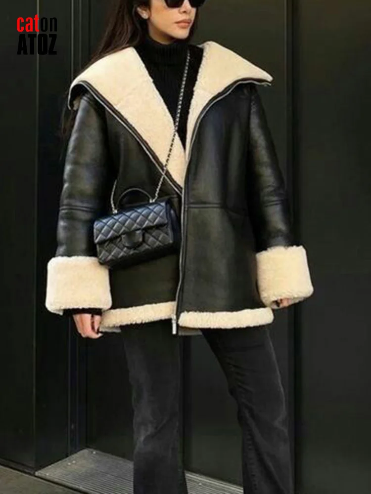 Women Pu Leather Jacket New In 2024 Fashion Winter Faux Fur Lining Coat Female Thicken Warm Black Oversize Jackets Outwear 3010