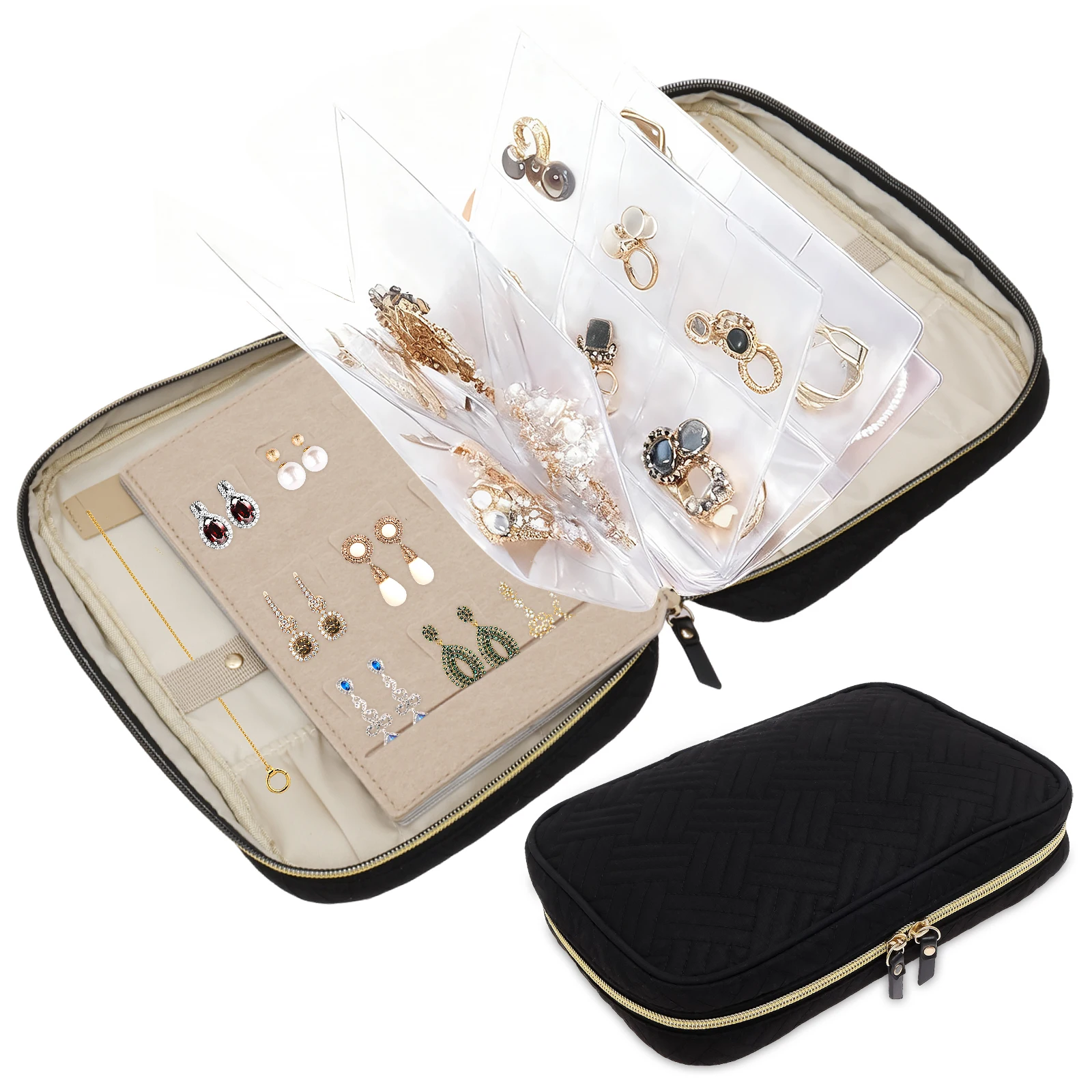 

Jewelry Organizer Case Necklace Earring Pouch Storage Bag Zipper Pockets Book Travel Portable Large Capacity Jewelry Display