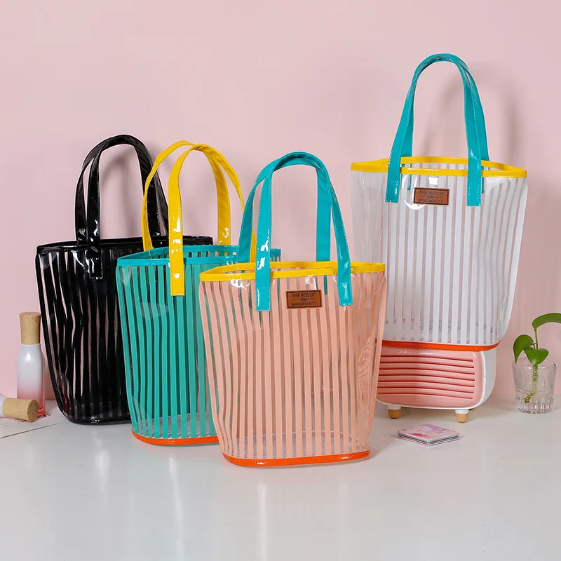 DHL50pcs Women PVC Stripes Prints Large Capacity Vertical Section Beach Handbag Mix Color