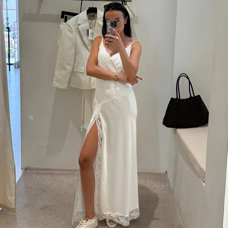 

Ticketsx Fashionable V-Neck White Split Fitted Long Dress Summer Elegant Lace Luxurious Dress Beach Vacation Women Dress