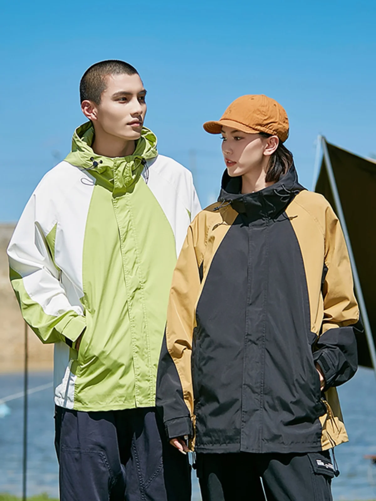 Spring Autumn New Men's Casual Loose Outdoor Windproof Jaet Fake Two-Piece Polyester Fiber Long Sve Zipper Hooded Jaet