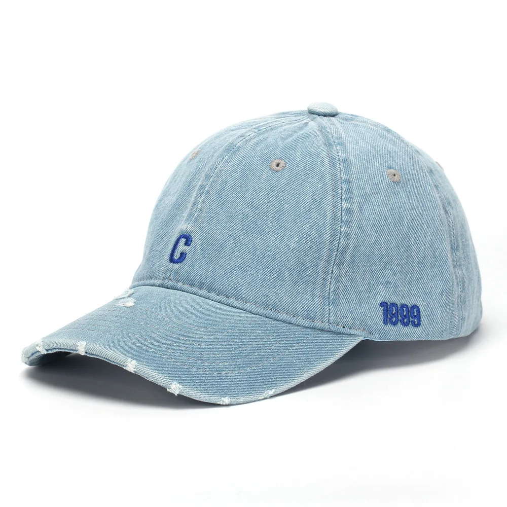 European and American Style Letter 'C' Embroidered Baseball Cap with a Hole, Perfect for Couples, Versatile Denim Sun Hat