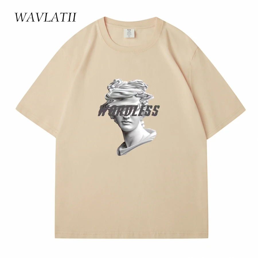 WAVLATII New 2023 Unisex Cool Printed Summer T shirts Women Khaki Casual Cotton Tees Men Grey Sporty  Short Sleeve Tops WT2319