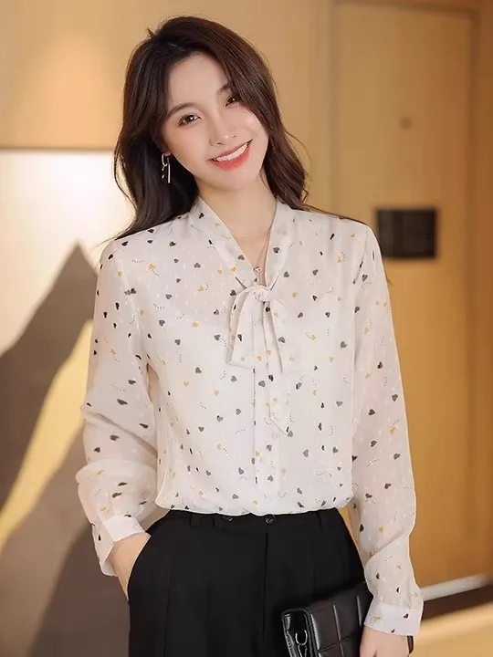 

Женская свободная шифоновая блузка с цветочным узором и длинными рукавами, стройнящая, для весны, осени и зимы, из полиэфирного волокна, повседневная одежда