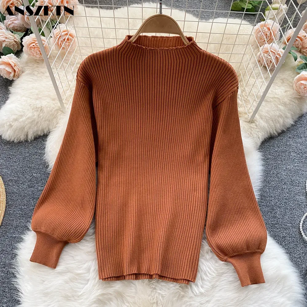 Custom Women's Autumn Winter ANSZKTN Knitted Wool Brown Blouse And Short Winter Brown Skirt Two Pieces