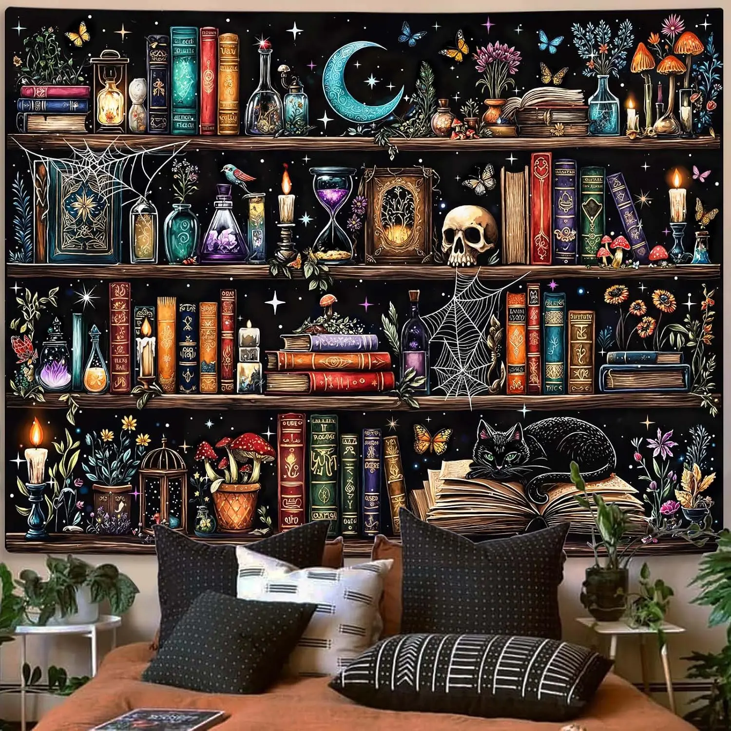 Wall Tapestry Large Wall Hanging Witchy Bookshelf Magic Gothic Library Tapestries Vintage Mushroom Skull Black Cat Dark