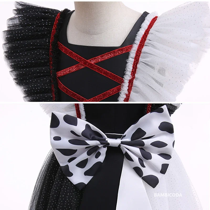 هالوين الأطفال Cruella تأثيري فستان مُصمم حسب الطلب حفلة بنات أسود أبيض فستان طويل كرنفال الاطفال Cruella شعر مستعار قناع دانتيل قفاز J1