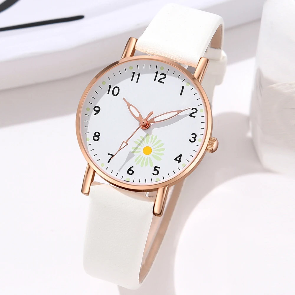 Women White Quartz Wristwatch 5PCS/Set Luminous Daisy Element Watch Pu Leather Strap Watch Pearl Jewelry Gift For Her