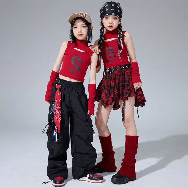 New Girls Jazz Dance Clothes Cheerleading Performance Outfit Wine Red Vest Plaid Skirt Kids Hip Hop Suit Kpop Stage Costumes