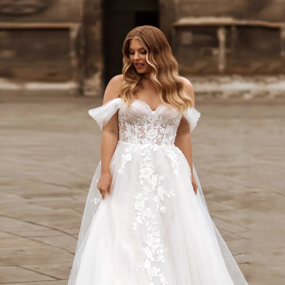 

Elegant Off the Shoulder Wedding Dresses Plus Size Sweetheart A-line Bridal Gowns Appliques Sweep Train Tulle Robe De Mariee