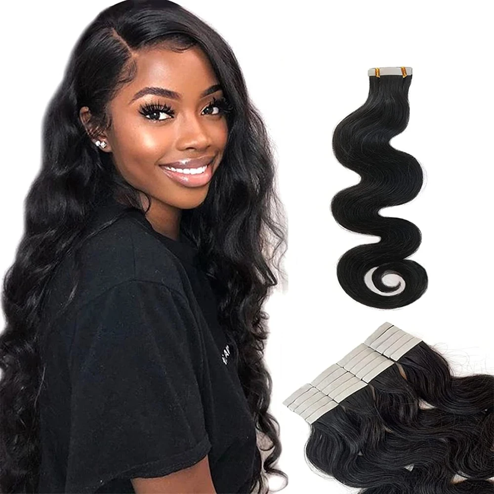 Extensões naturais do cabelo preto para mulheres negras, onda do corpo, trama da pele, cabelo 100% humano, extensões do cabelo Remy, 50g, 20Pcs