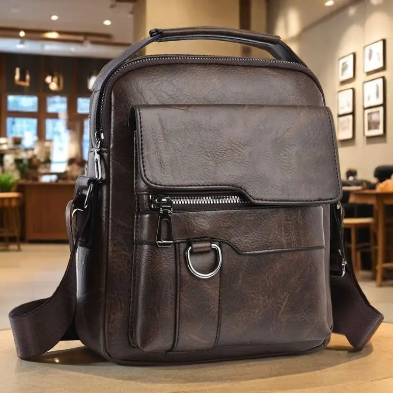 Brand Men's Solid PU Leather Business Travel Crossbody Bags, Male Flap Messenger and Shoulder Bag for Men with Flaps for iPad