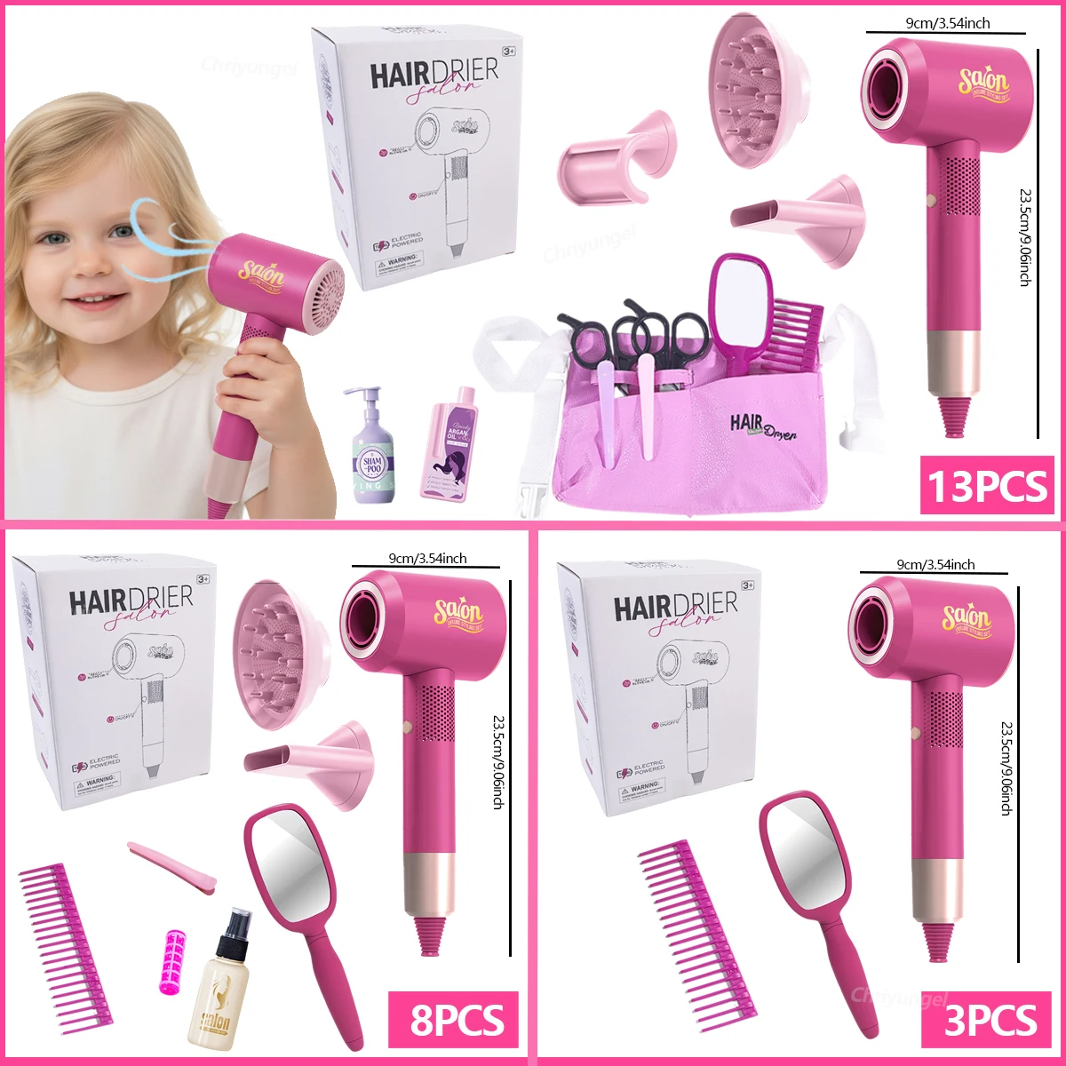 Conjunto de salão de beleza infantil com secador de cabelo, simulação de cabelo para meninas, brinquedo de maquiagem para brincar de fingir, presentes para meninas