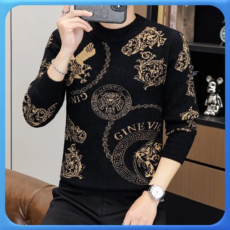

Мужской вязаный свитер с высоким воротником, модный орел, золотистый узор, базовый слой, осенне-зимний теплый свитер с подогревом