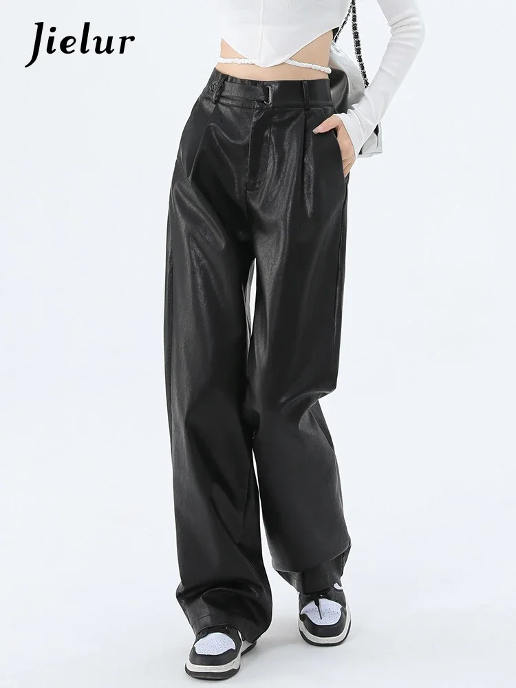 

Jielur Pu Black Straight Casual Fashion Pants Winter Office Lady High Waist Loose Solid Color Chic Button Female Wide Leg Pants