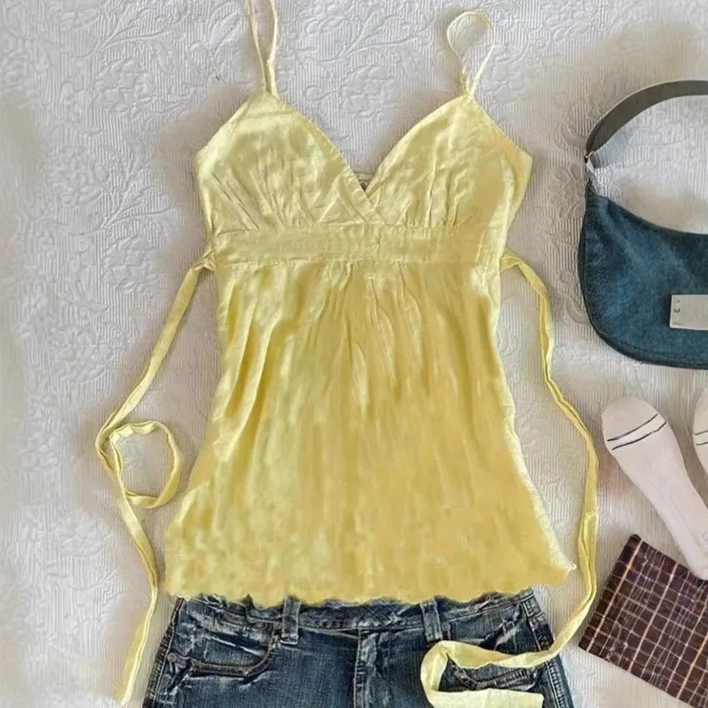 

Pink lace Embellished Bow Embellished Halter Top Cute Aesthetic Fairy Sexy Slim-fit Fashion Halter Y2K Daily Party Summer tops