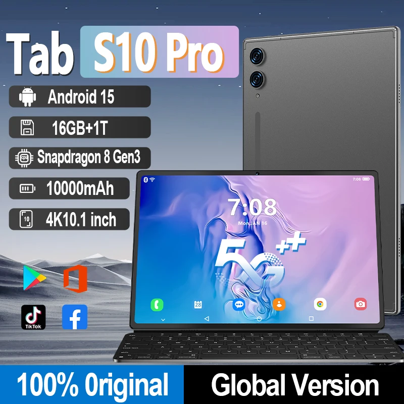 2025 Global Version Original S10 Pro Tablet 10.1inch HD 4K Full Screen Android 15 16GB+1TB 10000mAh 5G Dual SIM WiFi GPS Tablet