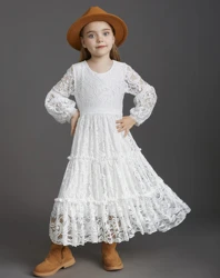 Girls Lace Long Sleeve Pink White Dress Baby Kids Bohemia Elegant Princess Party Vestidos Costumes CHildren Clothing for 3-12y