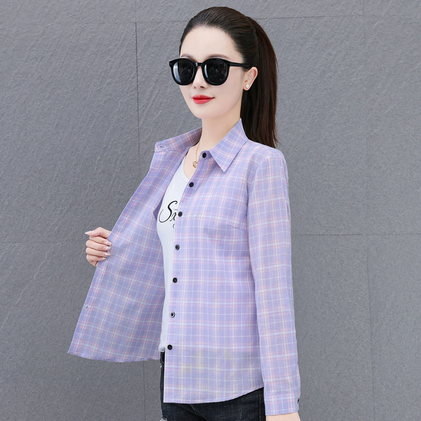 

Женская рубашка с длинным рукавом в клетку, новая модель весна-осень, приталенная, с воротником, элегантная, повседневная, свободная, универсальная, тонкая, для мам