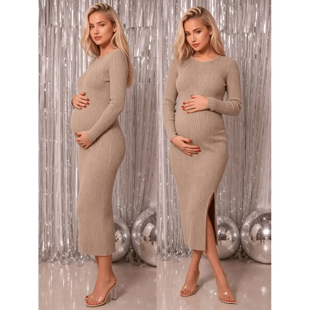 Maternity Casual Formal Long Sleeve Dress Autumn Winter Hip Wrap Sexy Long Dress Elastic Belly Support Maternity Clothing