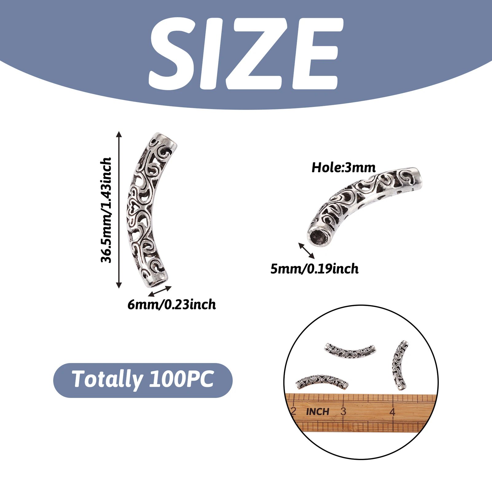 100pcs Curved Tube Noodle Beads Antique Silver Color Tibetan Alloy Hollow Spacer Beads for Jewelry Making DIY Bracelet Necklace