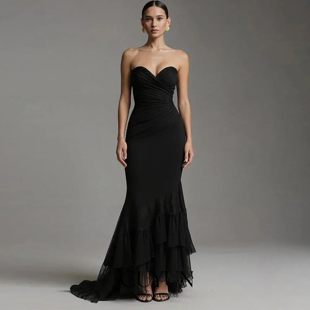 

CUYUN Black Strapless Sweetheart Prom Dresses Women Mermaid Ruffled Formal Dresses Customized Prom Party Gown for Birthday