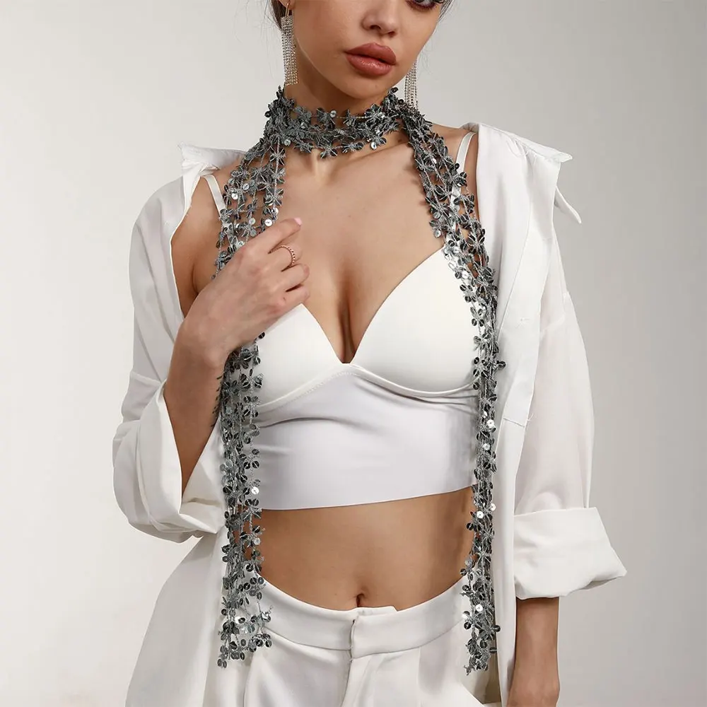 Fashion Women Scarf Shiny Sequin Scarf Flower Shape Hollow Design Neck Wrap Glitter Embellished Scarf Party Clothing Accessories